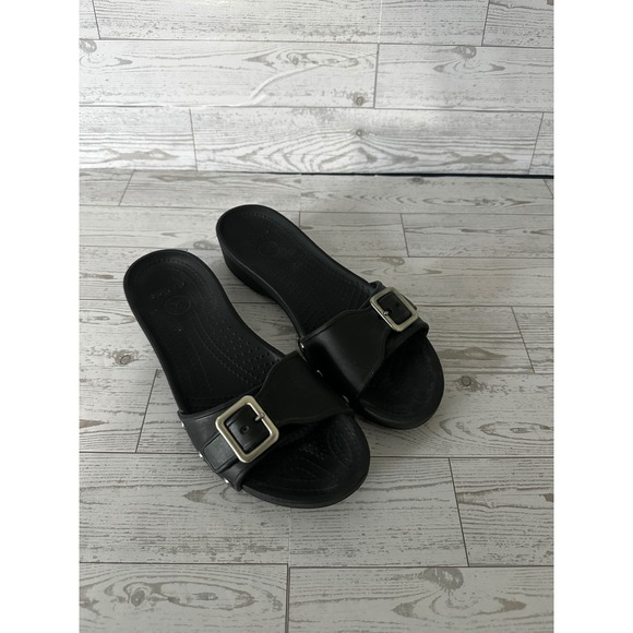 CROCS Shoes - Crocs Women's Black Buckle Slide Sandals Comfort Casual Shoes Size 8